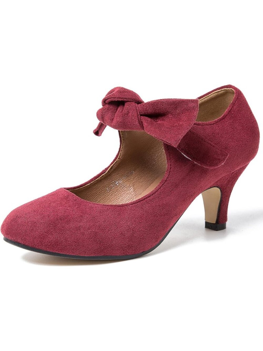 🎄Women's Burgundy Suede Bow Strap Mary Jane Kitten Heel Pumps Dress Shoes